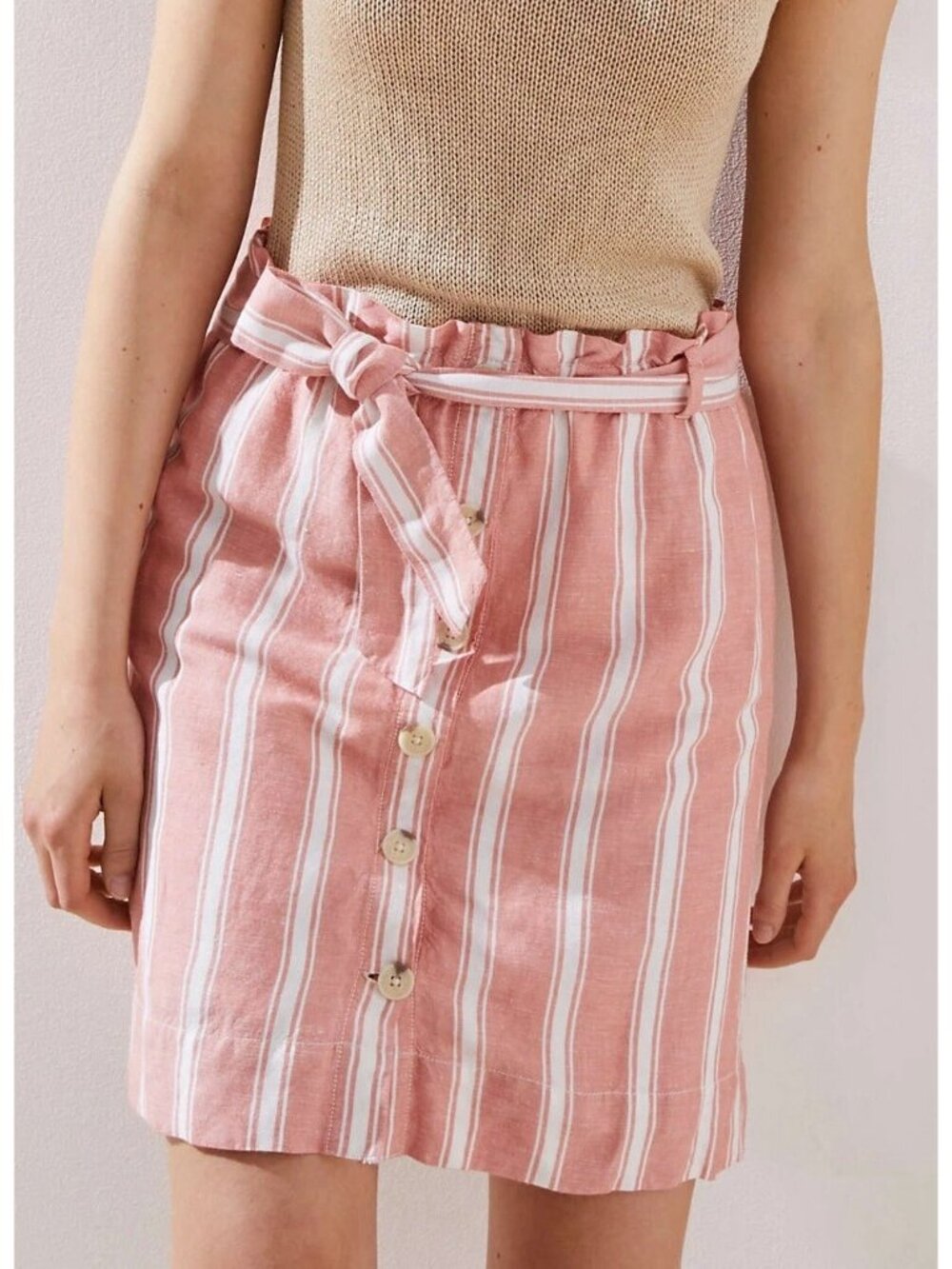 LOFT Skirt Medium Striped Paperbag Waist Button Up Tie Waist Coral White Linen